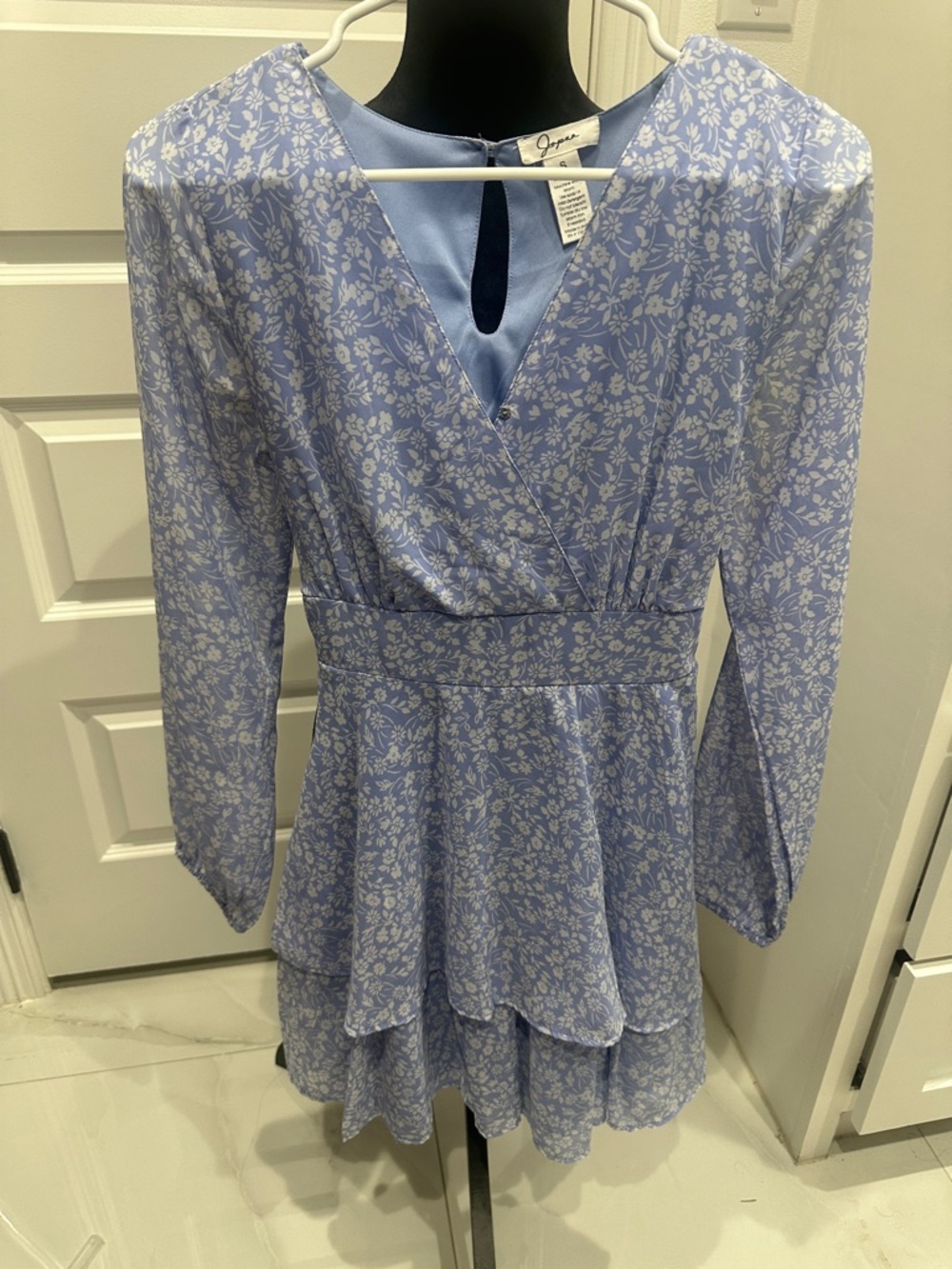 Japna Light Blue Floral Long-Sleeve Tiered Dress